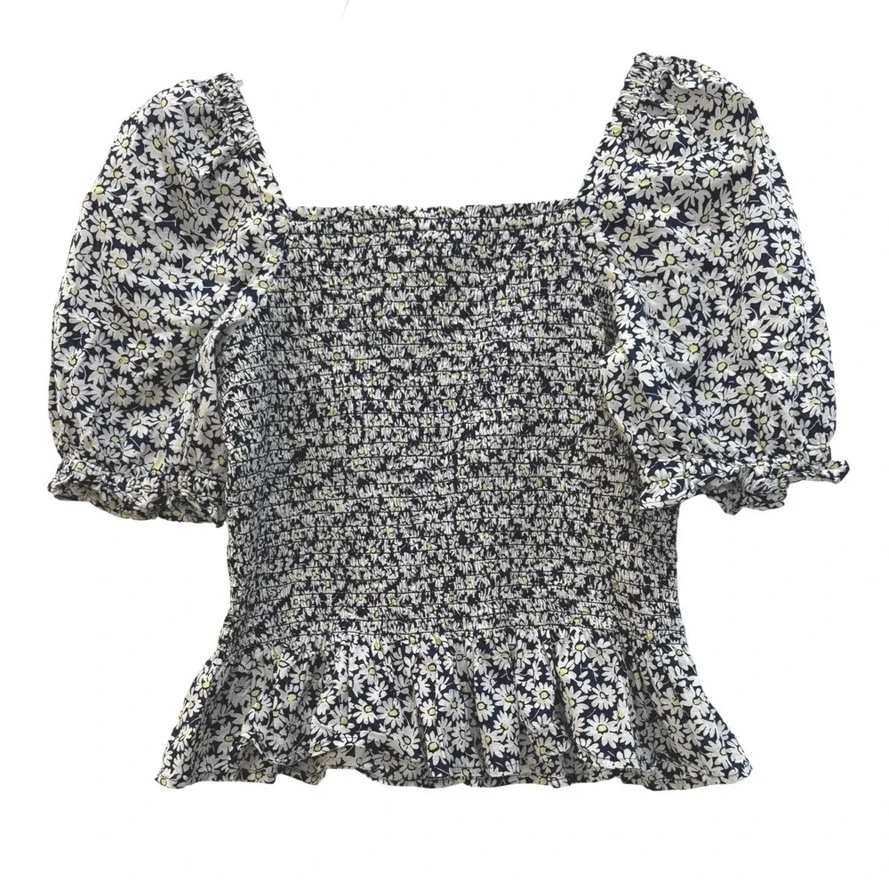J.Crew Smocked Peplum Top Women's XS Navy Blue Daisy Floral Puff Sleeve Blouse